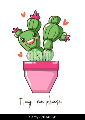 Mignon kawaii bébé cactus succulent avec heureux drôle visage de sourire en pot, fleur de couronne et voeux, texte de mode. Illustration de Vecteur