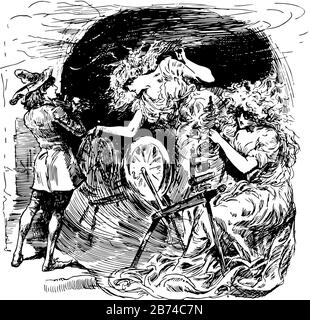 Merrymind, il a un garçon jouant du violon et deux femmes devant lui, l'une tourne une roue un autre bâton rotatif avec tissu, grand cercle noir dedans Illustration de Vecteur