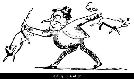 Edward Lear, cette scène montre un homme avec un chapeau sur la tête marchant et tenant deux cochons dans les deux mains, dessin de ligne vintage ou illustration de gravure Illustration de Vecteur