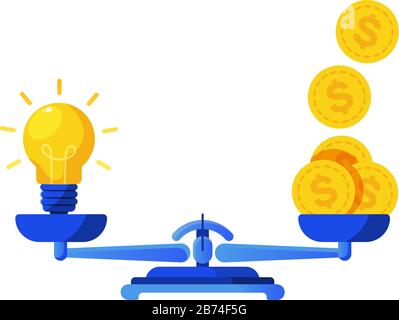 Concept plat de métaphore de l'ampoule IDEA et beaucoup de pièces en dollars d'or balance sur des échelles isolées sur fond blanc. Illustration vectorielle métaphore. Illustration de Vecteur