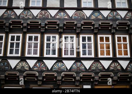 De nombreuses maisons à colombages du XVe au XVIIIe siècle se trouvent dans la ville de Stolberg, dans les montagnes Harz, en Allemagne, dans la ville de Stolberg, 26. Février 2020. Photo: Frank Mai | usage dans le monde entier Banque D'Images