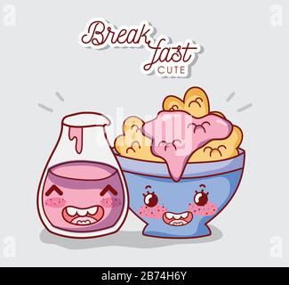 petit déjeuner joli bol avec bouteille de yaourt à céréales illustration vectorielle de dessin animé Illustration de Vecteur