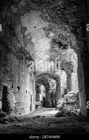 Vue verticale en niveaux de gris des ruines d'un ancien bâtiment Banque D'Images