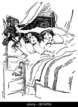 OLE Luk-Oie, cette scène montre deux enfants dormant sur le lit et un petit homme avec une barbe longue les regardant, une poupée sur chaise, un dessin vintage ou engr Illustration de Vecteur