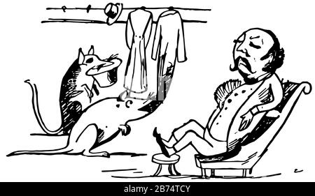 Edward Lear, cette scène montre un homme dormant en chaise et deux rats mangeant son chapeau et ses manteaux qui pendent sur le mur par des crochets, le dessin vintage de ligne ou engraa Illustration de Vecteur