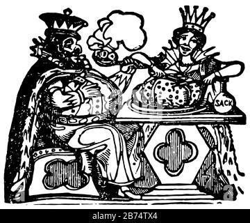 King Arthur, cette scène montre le roi et la reine assis sur des chaises et manger du pudding qui est gardé sur la table à côté d'eux, dessin vintage de ligne ou Illustration de Vecteur