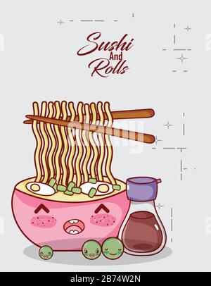 nouilles kawaii soupe saké et pois nourriture japonais dessin vectoriel dessin de dessin animé sushi et rouleaux Illustration de Vecteur