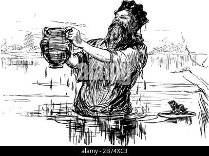 Le Golden Touch, roi debout dans un étang dans sa couronne et ramasser un pichet qui est plein d'eau, à côté du roi une grenouille est assis sur la feuille flottante, Illustration de Vecteur