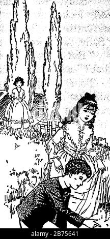 Maggie Tulliver, cette scène montre un garçon et une fille regardant quelque chose, une autre fille se tient derrière eux, maison et arbres en arrière-plan, vintage li Illustration de Vecteur