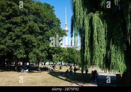 07.06.2018, Berlin, Allemagne, Europe - les gens se rencontrent au parc Monbijou dans le quartier de Mitte. En arrière-plan, la tour de télévision d'Alexanderplatz s'élève au ciel. [traduction automatique] Banque D'Images