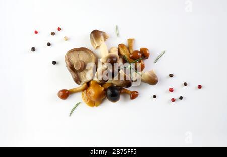 Concept végétarien et nourriture saine. Variété de champignons marinés isolés sur fond blanc. Vue de dessus, espace de copie. Banque D'Images