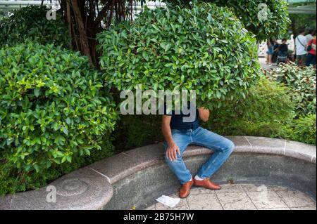 11.03.2018, Singapour, République de Singapour, Asie - un homme est assis sous un arbre dans le jardin du complexe People's Park dans le quartier chinois de Singapour. [traduction automatique] Banque D'Images