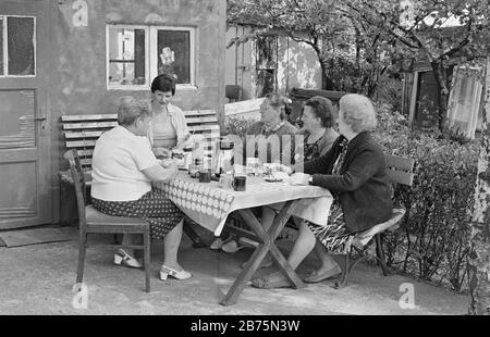 Les femmes d'une propriété immobilière à Dortmund se sont rencontrées pour le café dans une propriété de jardin d'attribution le 19 juin 1989. [traduction automatique] Banque D'Images