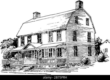 Le toit de Gambrel est House en Nouvelle-Angleterre, il était en 1765, pente moins profonde au-dessus d'un plus raide, petit pignon formant la partie supérieure, dessin vintage ou Illustration de Vecteur