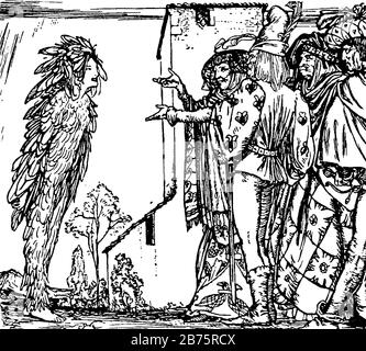 Chambre interdite, cette scène montre quatre hommes regardant une fille qui portait des feuilles et se tenant devant eux, dessin vintage ou engravi Illustration de Vecteur