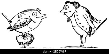 Edward Lear, cette scène montre un oiseau sur la brousse et un homme debout devant l'oiseau, tous deux regardant vers l'autre, vintage ligne dessin ou gravure i Illustration de Vecteur