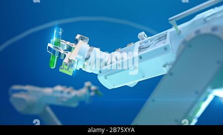 3d rendu robotique main tenant tube à essai avec fuorecent vert liqud. grand virus de la pahrma guérison recherche réseau neural apprentissage profond maladie de machine Banque D'Images