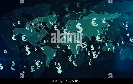 Symboles argent. Dollar, Euro, Yen et Pound sur l'illustration numérique en 3 dimensions du globe. Concept abstrait contexte financier, bancaire et mondial Banque D'Images