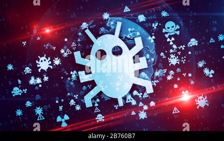 Ver. Cyber-criminalité, attaques de pirates informatiques, virus, sécurité informatique et symboles de sécurité de la confidentialité sur l'illustration numérique du globe. Concept abstrait contexte de Banque D'Images