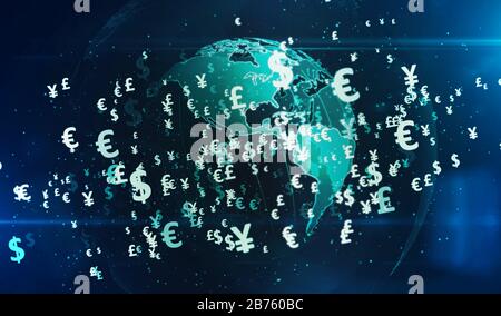 Symboles argent. Dollar, Euro, Yen et Pound sur l'illustration numérique en 3 dimensions du globe. Concept abstrait contexte financier, bancaire et mondial Banque D'Images