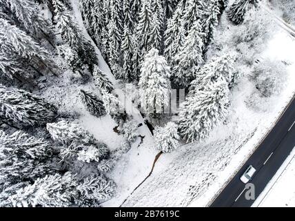 Une photographie aérienne montre une voiture sur une route libérée de la neige dans une forêt enneigée dans les montagnes Harz, le 09.11.2016. [traduction automatique] Banque D'Images