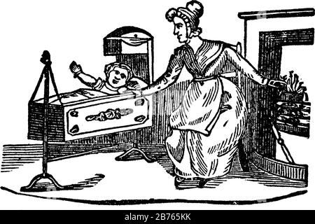 Une femme assise près du berceau avec la main droite maintenue sur le berceau, bébé dans le berceau, dessin vintage de ligne ou illustration de gravure Illustration de Vecteur