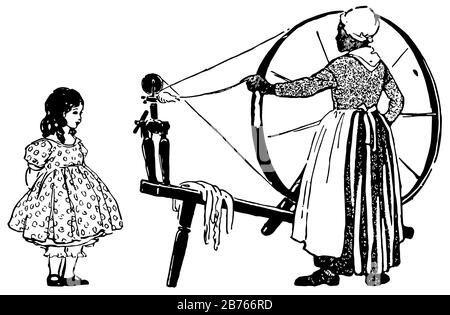 Marie, cette scène montre une femme avec roue de patinage et petite fille debout près d'elle, dessin vintage de ligne ou illustration de gravure Illustration de Vecteur