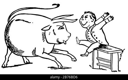 Edward Lear, cette scène montre un homme assis sur un petit banc devant une vache et rire, dessin de ligne vintage ou illustration de gravure Illustration de Vecteur