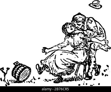 Maison Que Jack A Construite, cette scène montre une femme assise sur une petite table et un homme debout derrière elle, il a juré vers le bas et tenant son visage dans les mains, la table Illustration de Vecteur