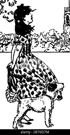 Maggie Tulliver, cette scène montre une fille avec son chien regardant quelque chose, dessin vintage ligne ou gravure illustration Illustration de Vecteur