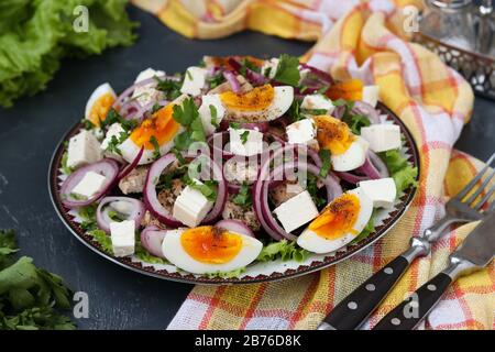 Salade saine de laitue biologique au poulet, à la betterave, aux œufs durs, aux oignons rouges et au fromage feta Banque D'Images