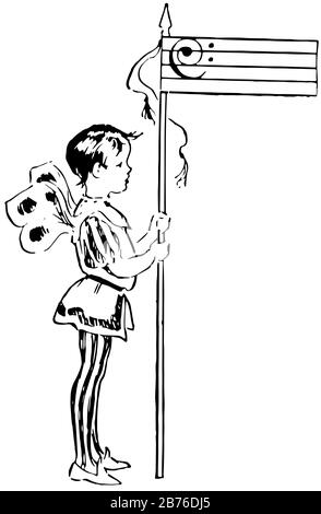 Bass Clef Fairy avec le personnel, cette photo montre un enfant dans une robe fantaisie et tenant le drapeau dans les deux mains, le drapeau a des rayures horizontales et symbole, vintage Illustration de Vecteur