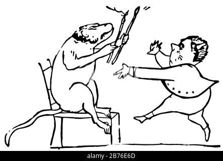 Edward Lear, cette scène montre un animal assis sur la chaise et tenant quelque chose et l'homme marchant vers l'animal, le dessin vintage de ligne ou la gravure de illus Illustration de Vecteur
