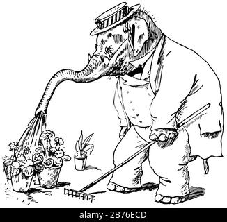 Un éléphant en robe humaine avec chapeau sur sa tête, arrosant des fleurs avec son tronc, dessin vintage de ligne ou illustration de gravure Illustration de Vecteur