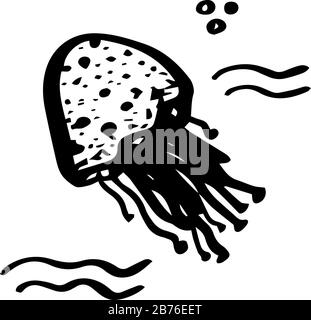 Jellyfish doux animal de mer dans le style de doiche isolé sur fond blanc. Illustration vectorielle des animaux marins. Conception enfant d'été simple. Illustration de Vecteur