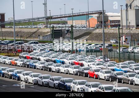 Emden, voitures en attente d'expédition dans le port, usine VW, Frise orientale, Basse-Saxe, Allemagne Banque D'Images