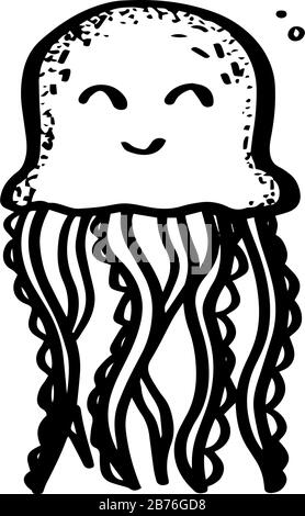 Jellyfish doux animal de mer dans le style de doiche isolé sur fond blanc. Illustration vectorielle des animaux marins. Conception enfant d'été simple. Illustration de Vecteur