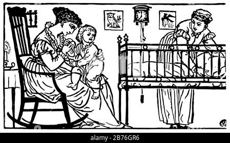 Tôt au lit, cette scène montre une femme assise sur la chaise avec bébé et une autre femme nettoyant berceau de bébé, cadre de chouette et horloge sur le mur, vintage li Illustration de Vecteur