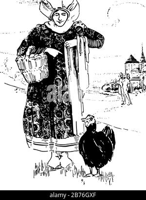 Black Hen, cette scène montre une femelle debout près de la poule noire, tenant le panier d'œufs dans une main, dessin vintage de ligne ou illustration de gravure Illustration de Vecteur