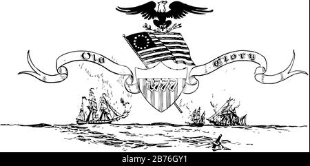 Le drapeau de 13 étoiles Betsy Ross des Etats-Unis d'Amérique, ce sceau a 13 étoiles avec des rayures horizontales, il a un bouclier avec des rayures, des navires et Illustration de Vecteur