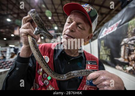 Sweetwater, Texas, États-Unis. 13 mars 2020. Scot Van Allen, membre de Jaycee, affiche un serpent montrant les visiteurs du Roundup de Rattlesnake 2020. Crédit: Chris Rusanowsky/Zuma Wire/Alay Live News Banque D'Images