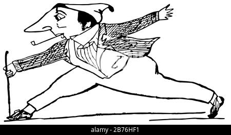 Edward Lear, cette scène montre un homme tenant le bâton et étirant ses jambes, dessin vintage de ligne ou illustration de gravure Illustration de Vecteur