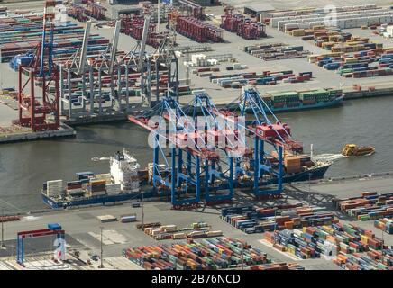 Conteneurs et conteneurs au terminal de conteneurs logistiques HHLA de Berth Tollerort et Walter Hofer Euro Gate Container terminal dans le port de Hambourg, à Hambourg, 12.08.2012, vue aérienne, Allemagne, Hambourg Banque D'Images