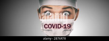 Covid-19 coronavirus texte écrit sur médecin masque chirurgical visage hôpital de femme asiatique a travaillé effrayé par Corona virus pandémique inquiet. Titre en arrière-plan. Banque D'Images