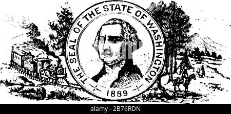 Sceau de l'état de Washington, 1913, ce phoque a du train, un cheval pilote, des arbres et des montagnes en arrière-plan, il a aussi le portrait de George Washin Illustration de Vecteur