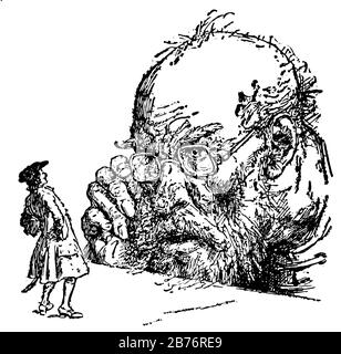 Gulliver with Giant, this scene shows a Giant man looking closely to little man with his eyeglasses, vintage line drawing or engraving illustration Illustration de Vecteur