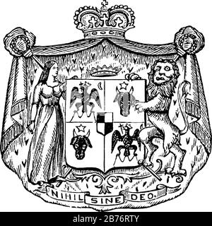 Manteau d'armes, Roumania, gravé d'écrits, une aquila dorée tenant une croix dans son bec, et une mace et une épée dans ses griffes, et beaucoup d'autres, vint Illustration de Vecteur