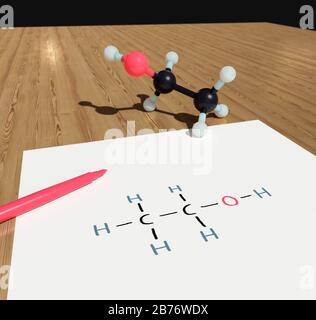 Modèle et diagramme de la molécule d'éthanol (alcool). La molécule possède deux atomes de carbone, un atome d'oxygène et six atomes d'hydrogène. Banque D'Images
