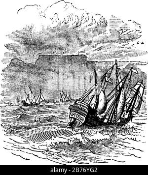 Brigantine bateau à voile est incliné dans l'océan pendant la tempête de l'océan, dessin de ligne vintage ou illustration de gravure. Illustration de Vecteur