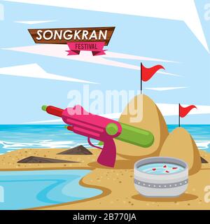 fête songkran avec bol à vaisselle sur la plage Illustration de Vecteur